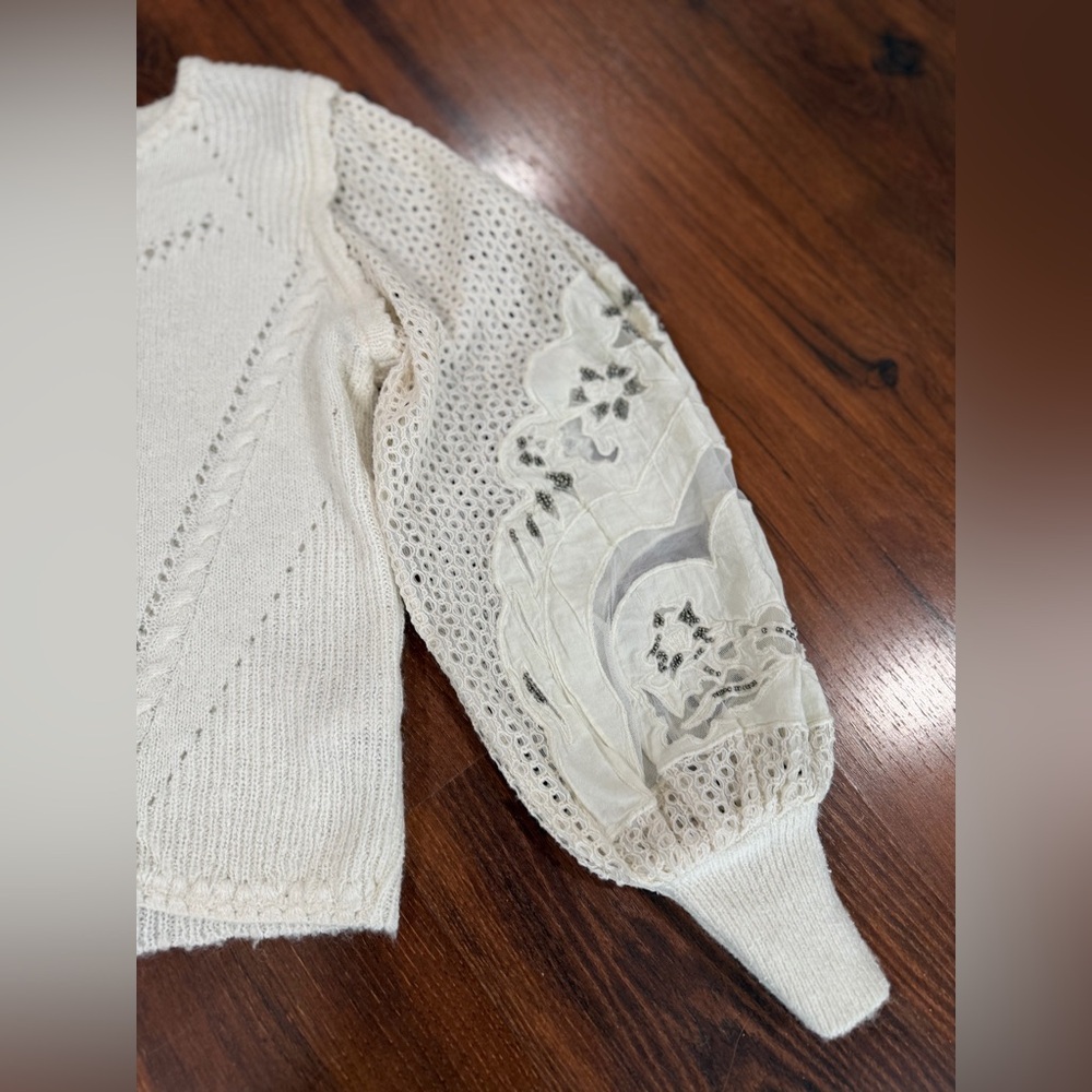 Anthropologie women's Eyelet Lace Sweater Ivory XS balloon embroidered sleeves - Picture 6 of 14